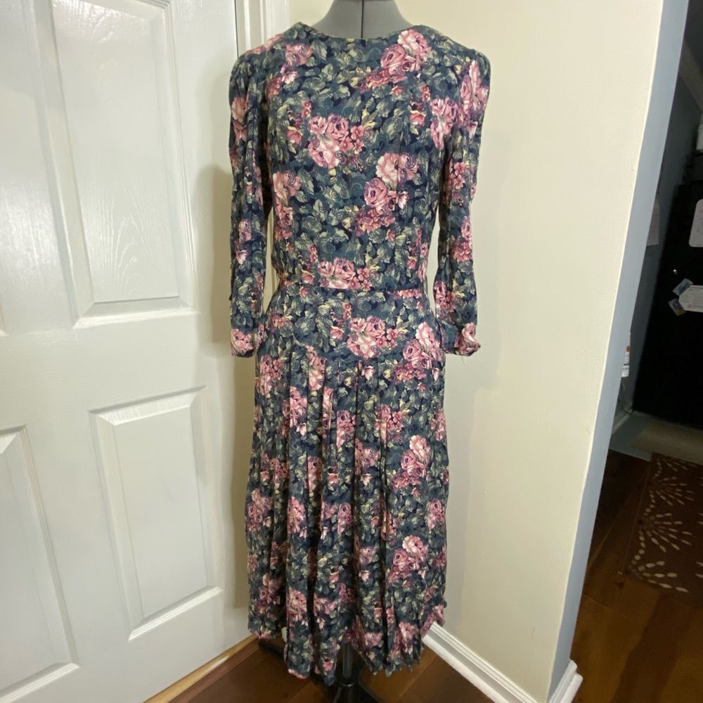 Vintage cottagecore drop waist pink and green floral midi dress S